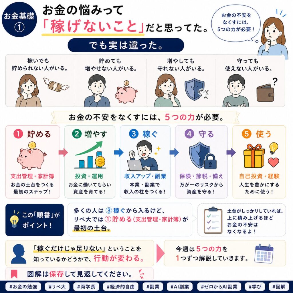 お金の5つの力【リベ大式】貯める・増やす・稼ぐ・守る・使うを解説