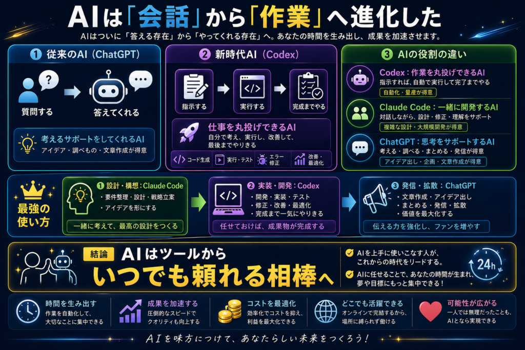 AIは会話から作業へ進化した｜Codex・Claude Code・ChatGPT比較図解