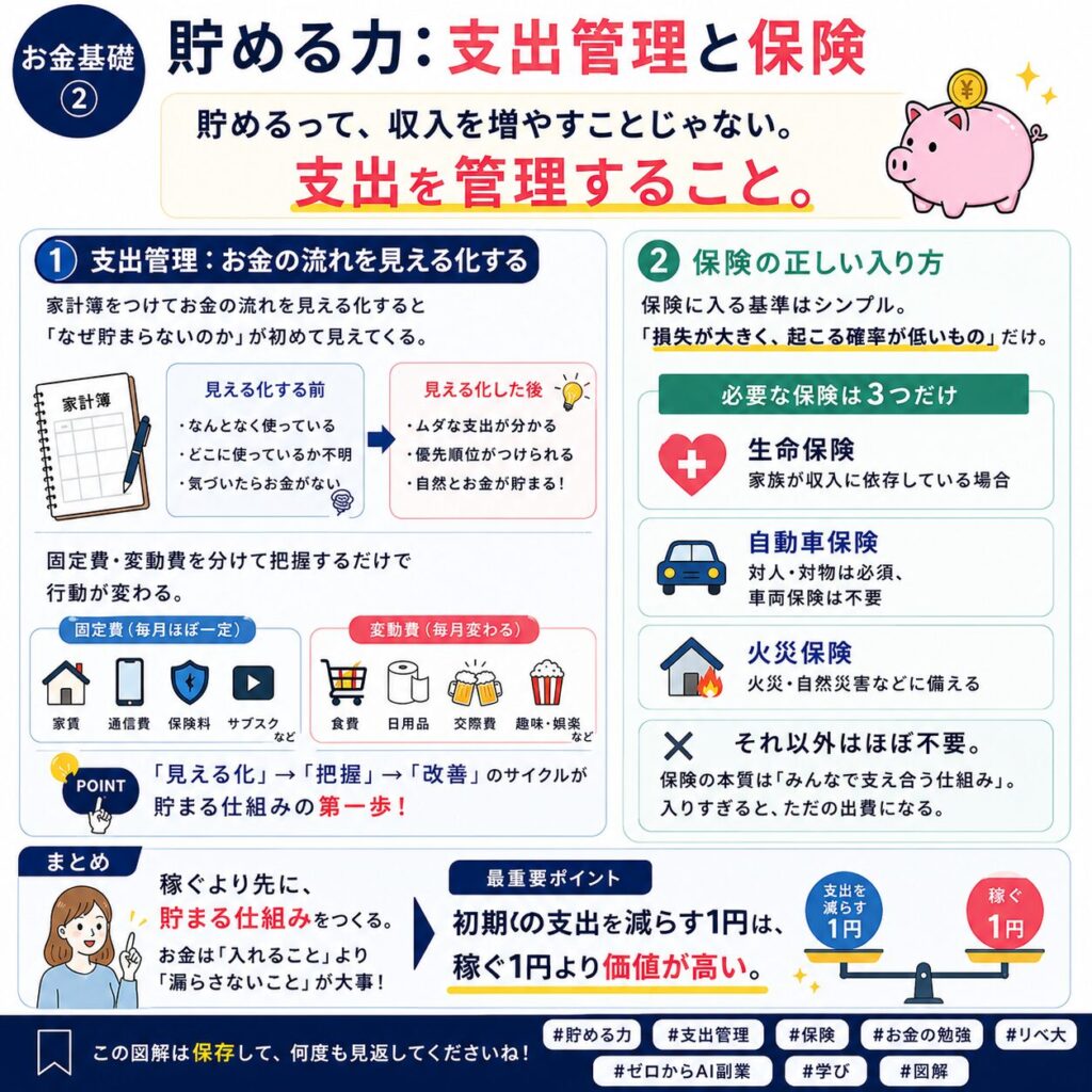 お金の貯める力・家計簿・固定費削減の解説図